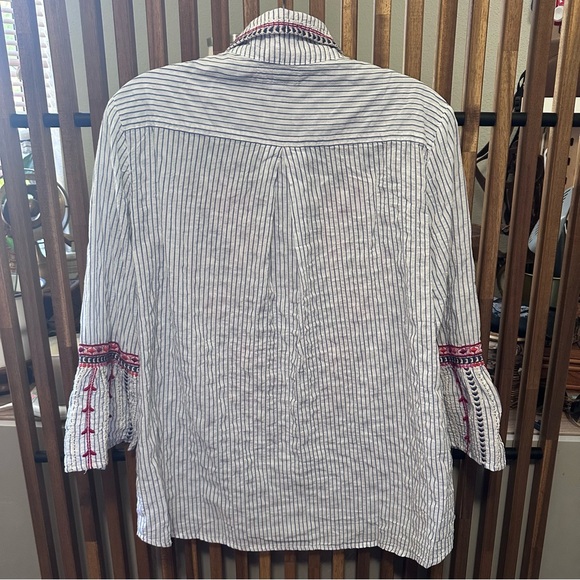Johnny Was White Stripe Button-Down Shirt with Embroidery Arie Flute Sleeves - Picture 8 of 9